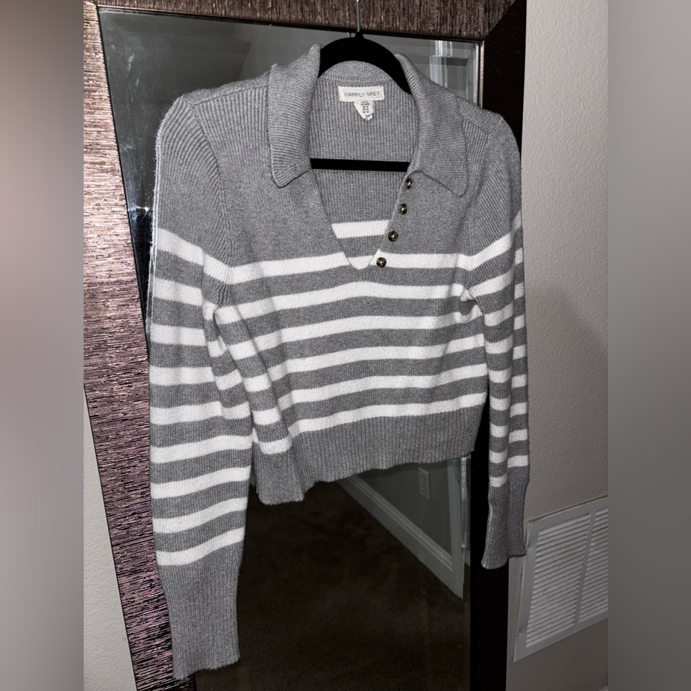Gray and White Striped V-Neck Sweater